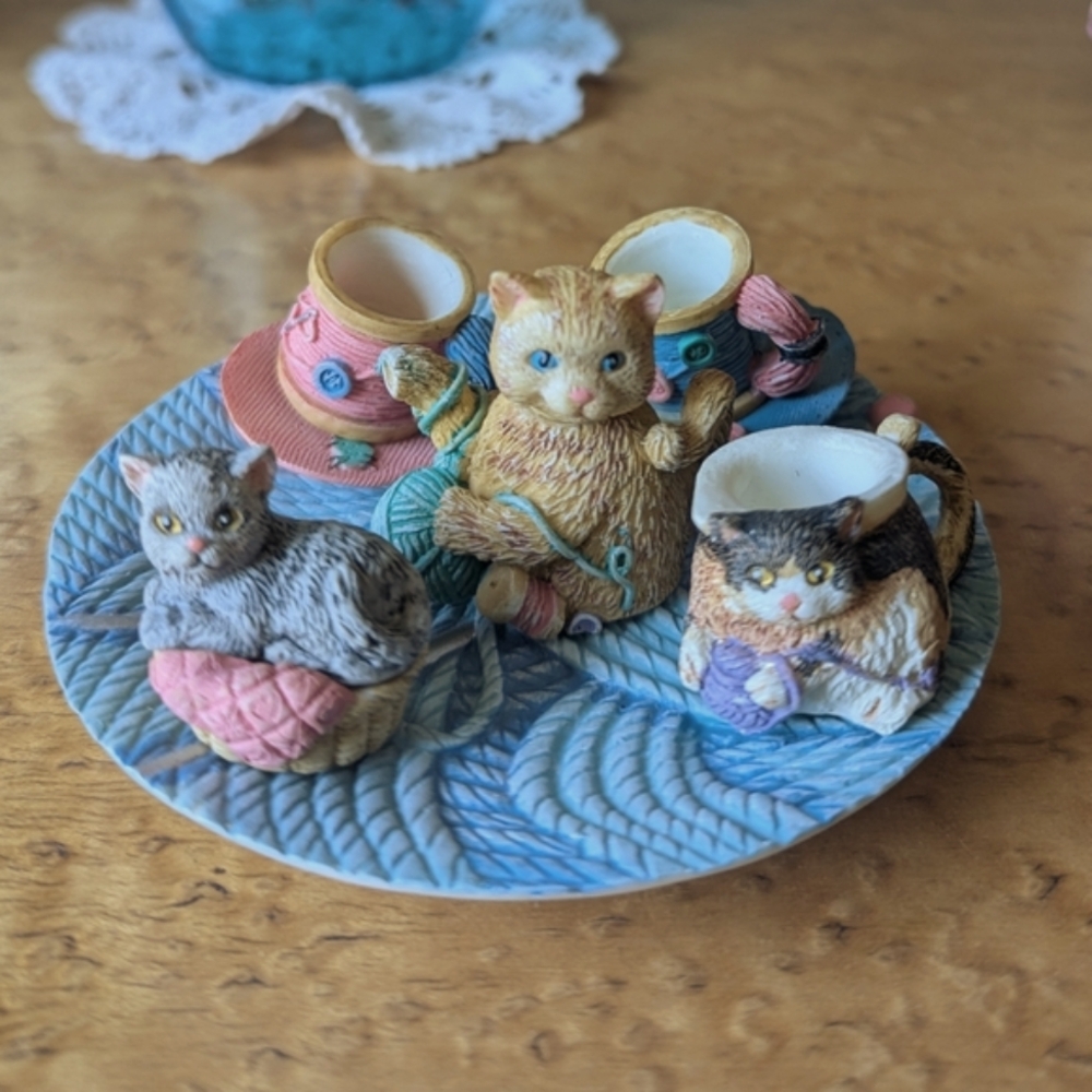 Vintage Miniature Tea Set, Knitting and Sewing Theme With Kittens!